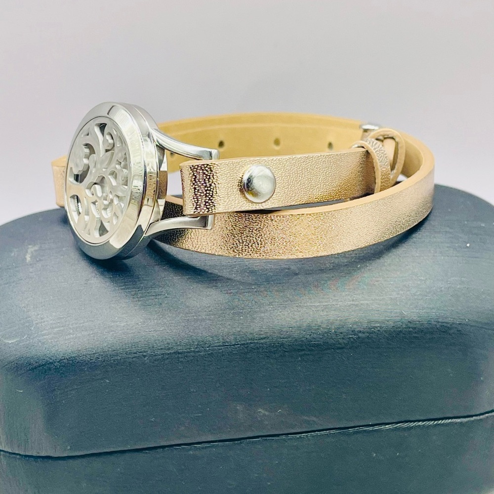 Aromatherapy Oil Diffuser Locket Gold Tone Wrap Bracelet with Tree Design - Picture 3 of 6